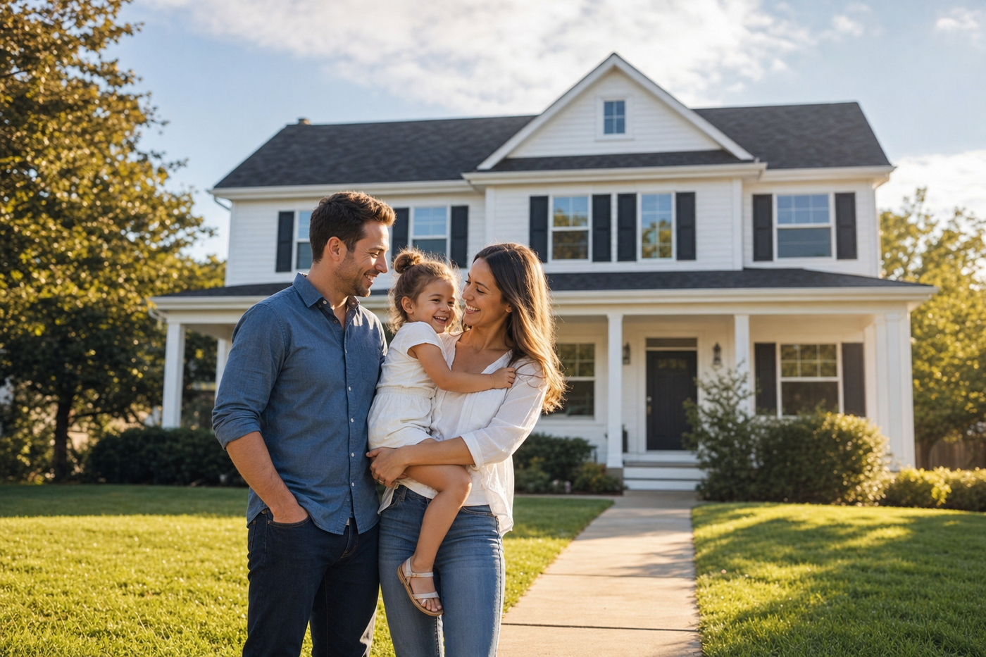 A family standing together in front of their home